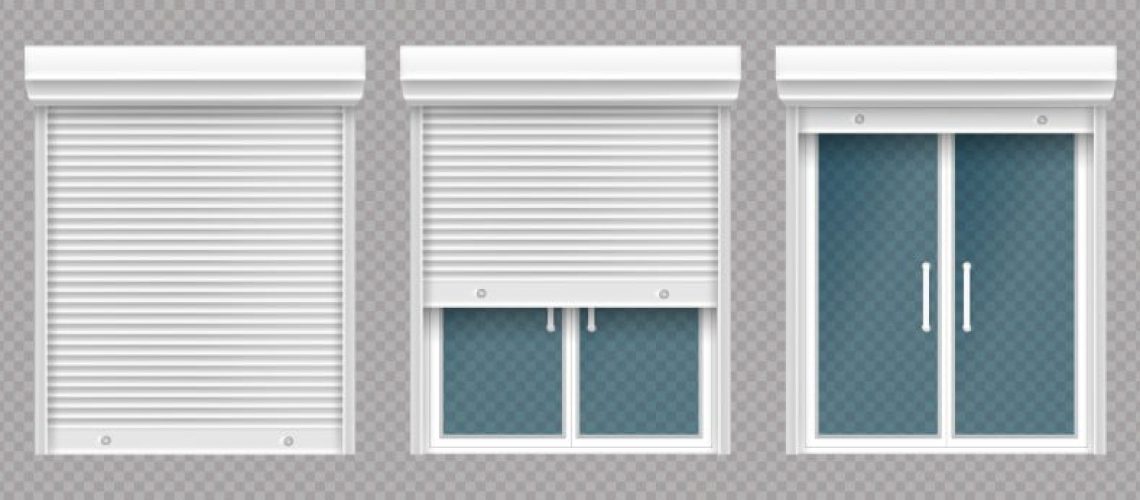 Plastic window with rolling shutter isolated on transparent background. Vector realistic set of closed and open roller up for glass window, white blind for office or shopfront